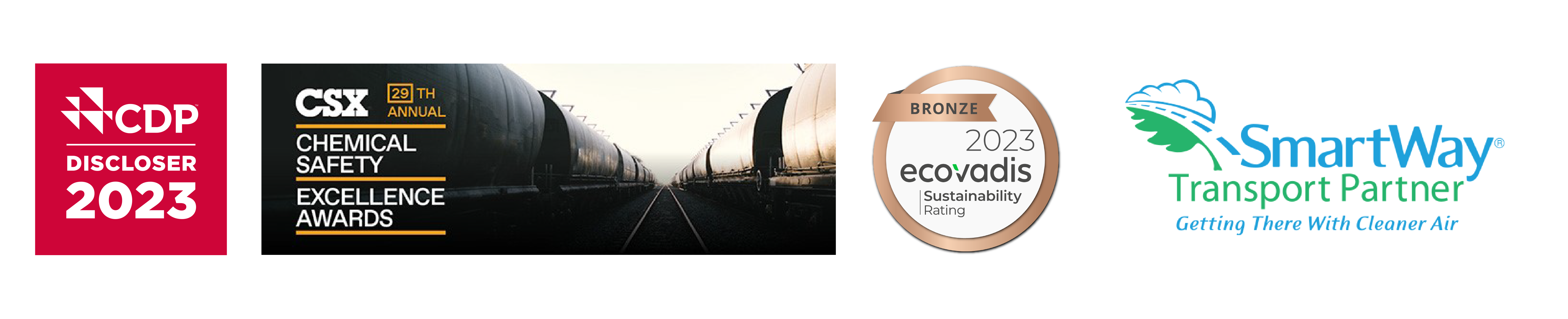 CDP discloser, CSX chemical safety excellence award winner, 2023 ecovadis bronze sustainability rating, SmartWay transport partner